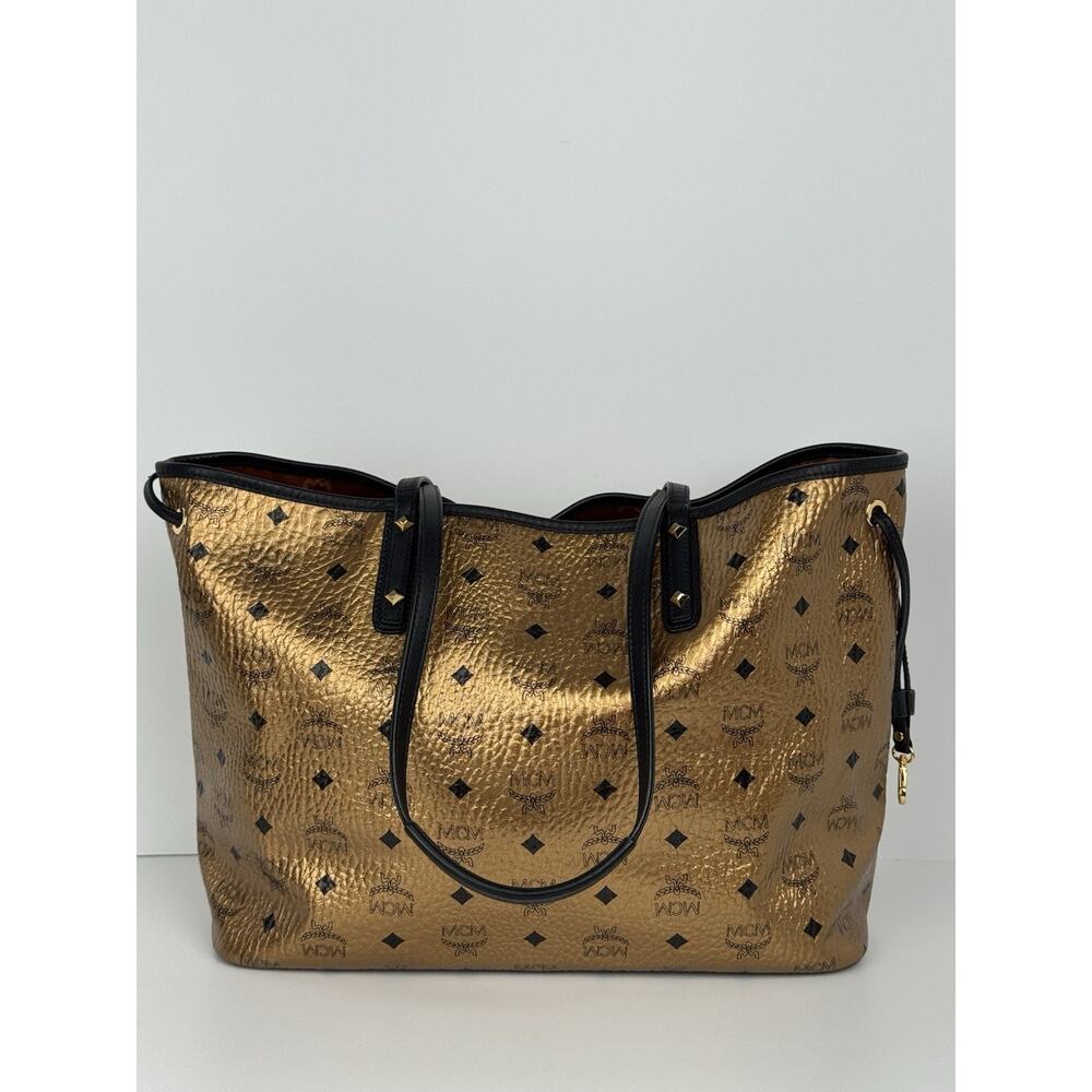 MCM Metallic Visetos Medium Shopper Tote Bag Gold Leather - Picture 2 of 16